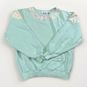 VTG Line Up Mint Grn Sweatshirt L  100% Cotton Floral Collar 80s 90s Cottagecore